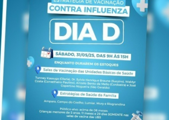 DIA D DE VACINAÇÃO CONTRA A INFLUENZA NESTE SÁBADO, 31 DE MAIO