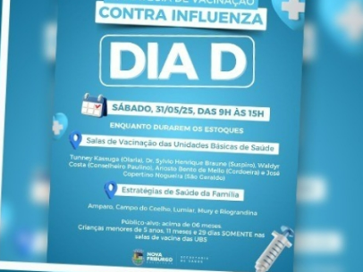 DIA D DE VACINAÇÃO CONTRA A INFLUENZA NESTE SÁBADO, 31 DE MAIO